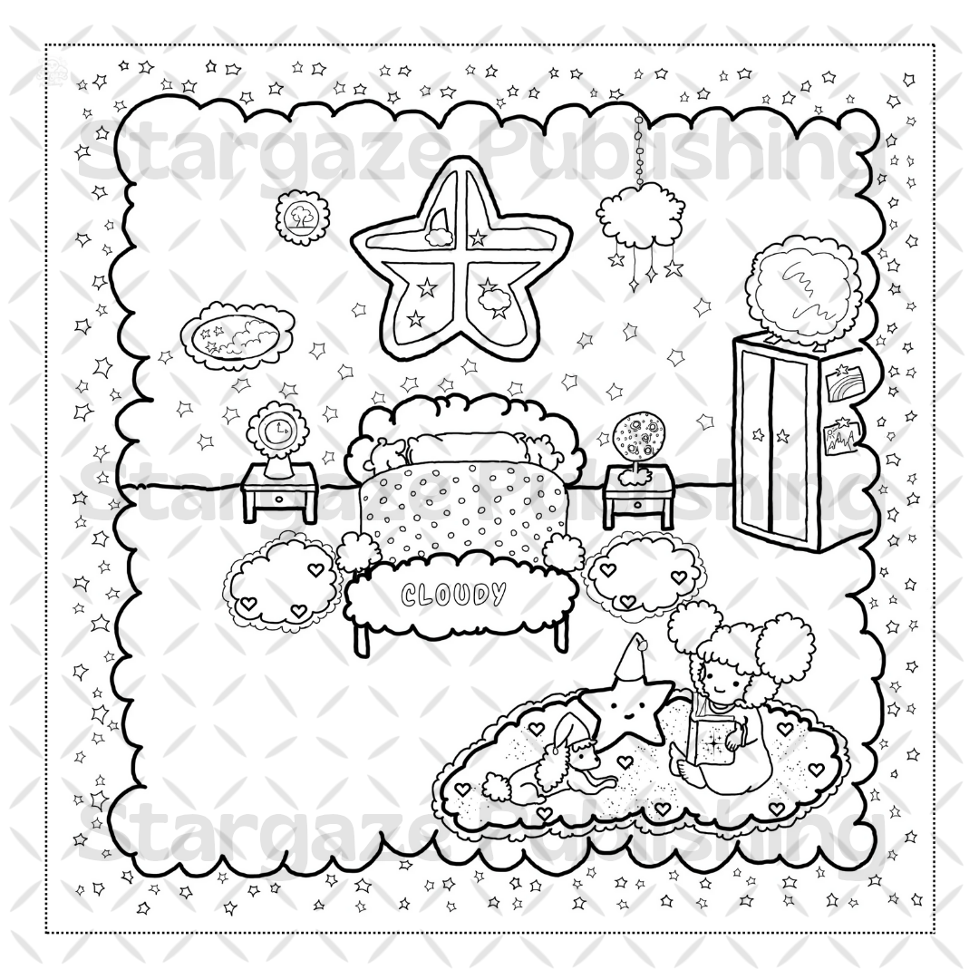 Pagina da colorare tratta dal libro Cloudy tra le stelle.