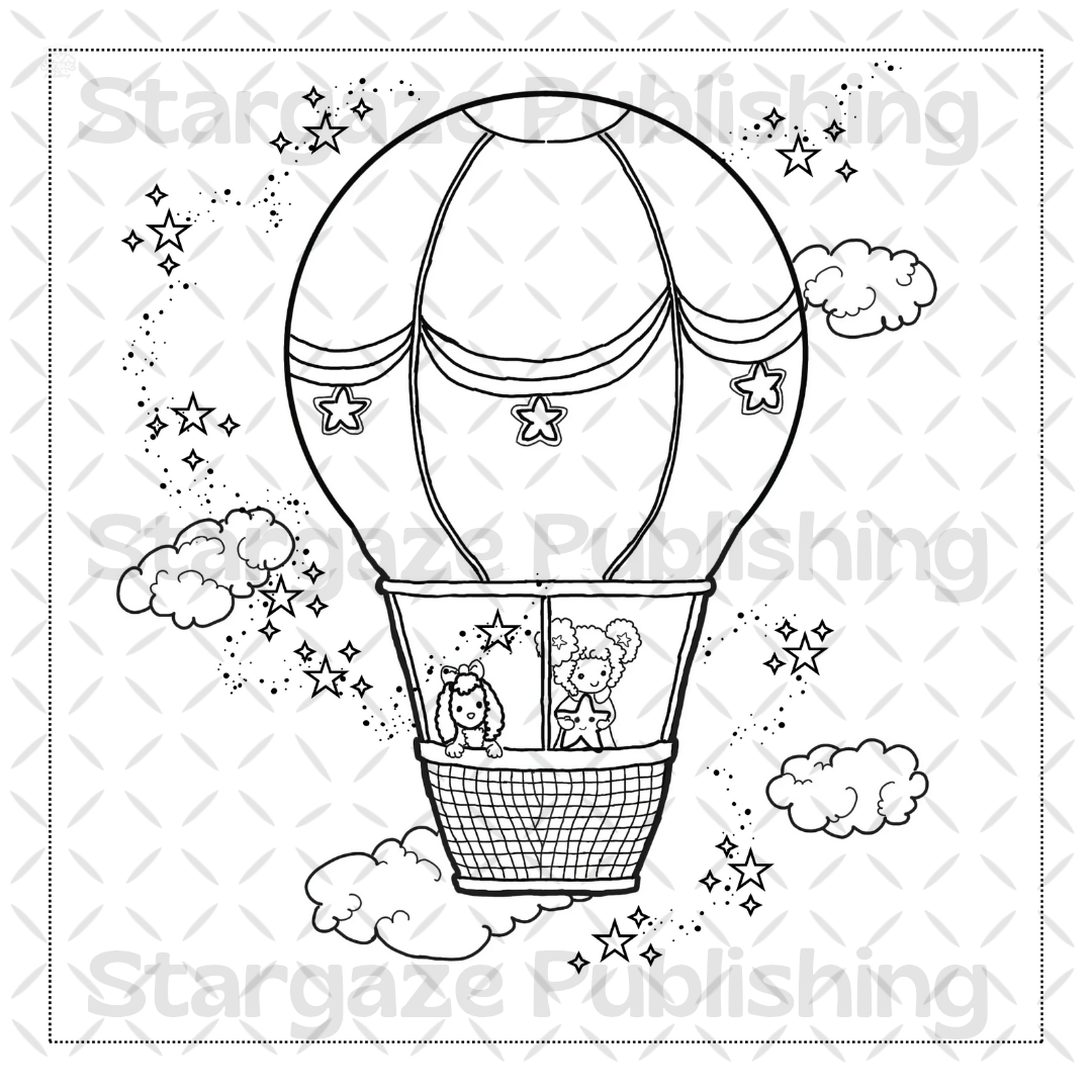 Illustrazione onirica di Cloudy che fluttua tra stelle luminose, tratto dal libro da colorare poetico “Cloudy tra le Stelle”