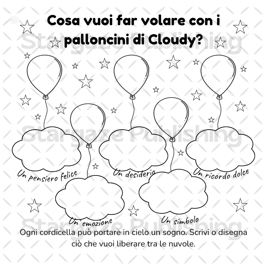 Coa vuoi fare volare con i palloncini di Cloudy? Pagina di attività tratta dal libro da colorare Cloudy tra le stelle.