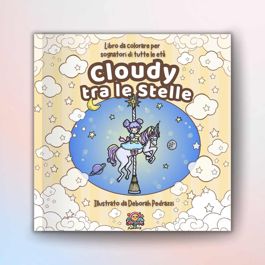 Copertina del libro “Cloudy tra le Stelle” con design dreamy aesthetic e colori pastello