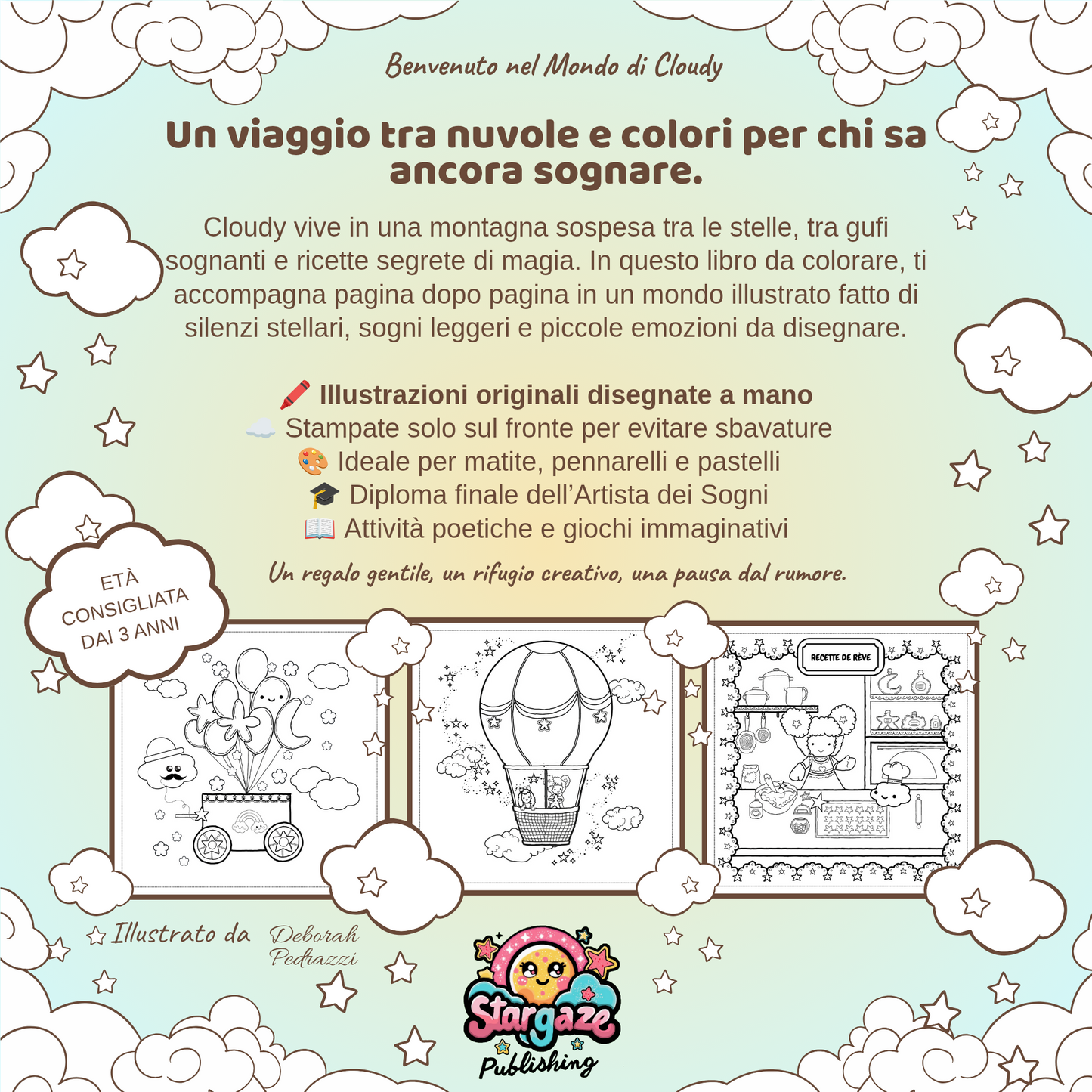 Copertina posteriore del libro da colorare Cloudy tra stelle