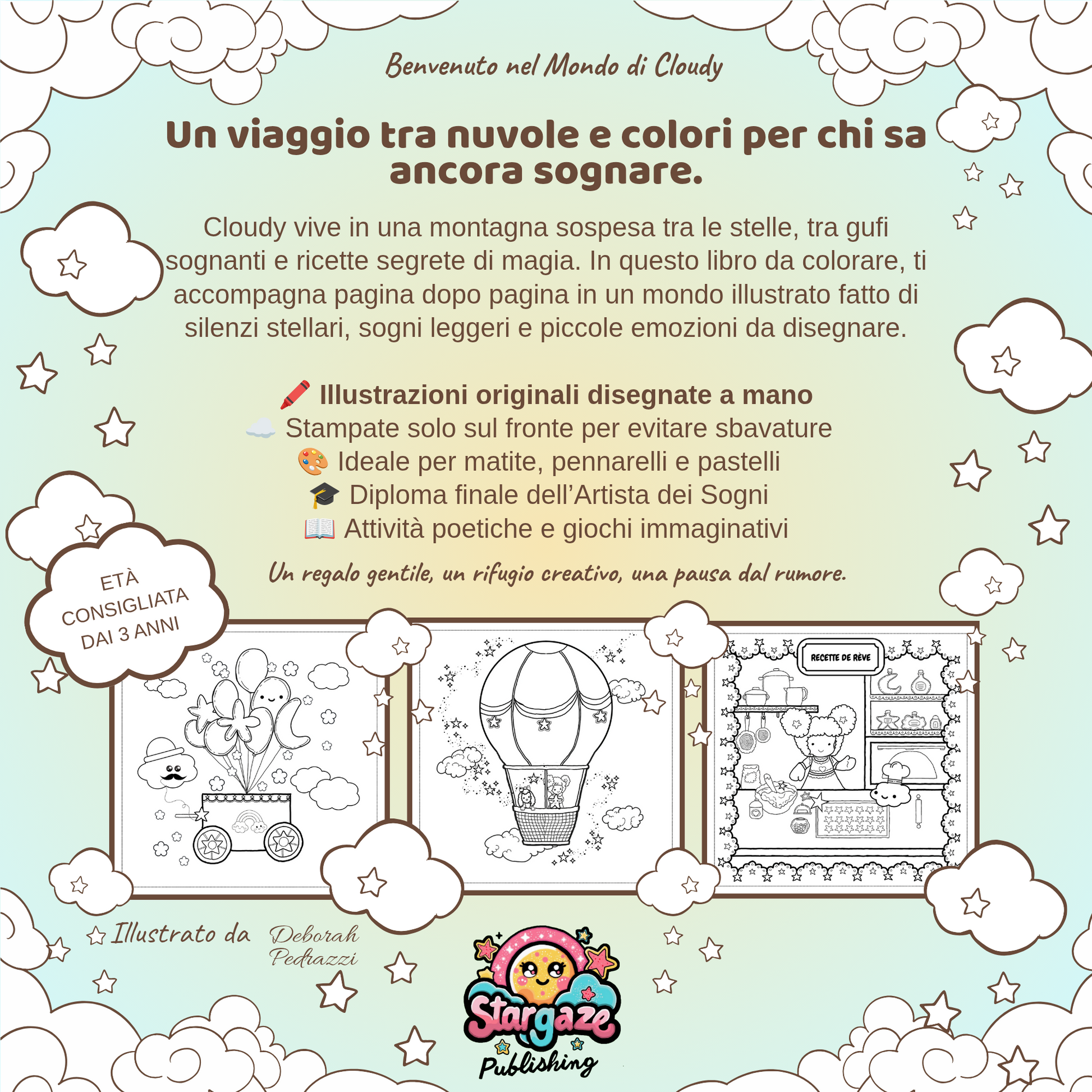 Copertina posteriore del libro da colorare Cloudy tra stelle
