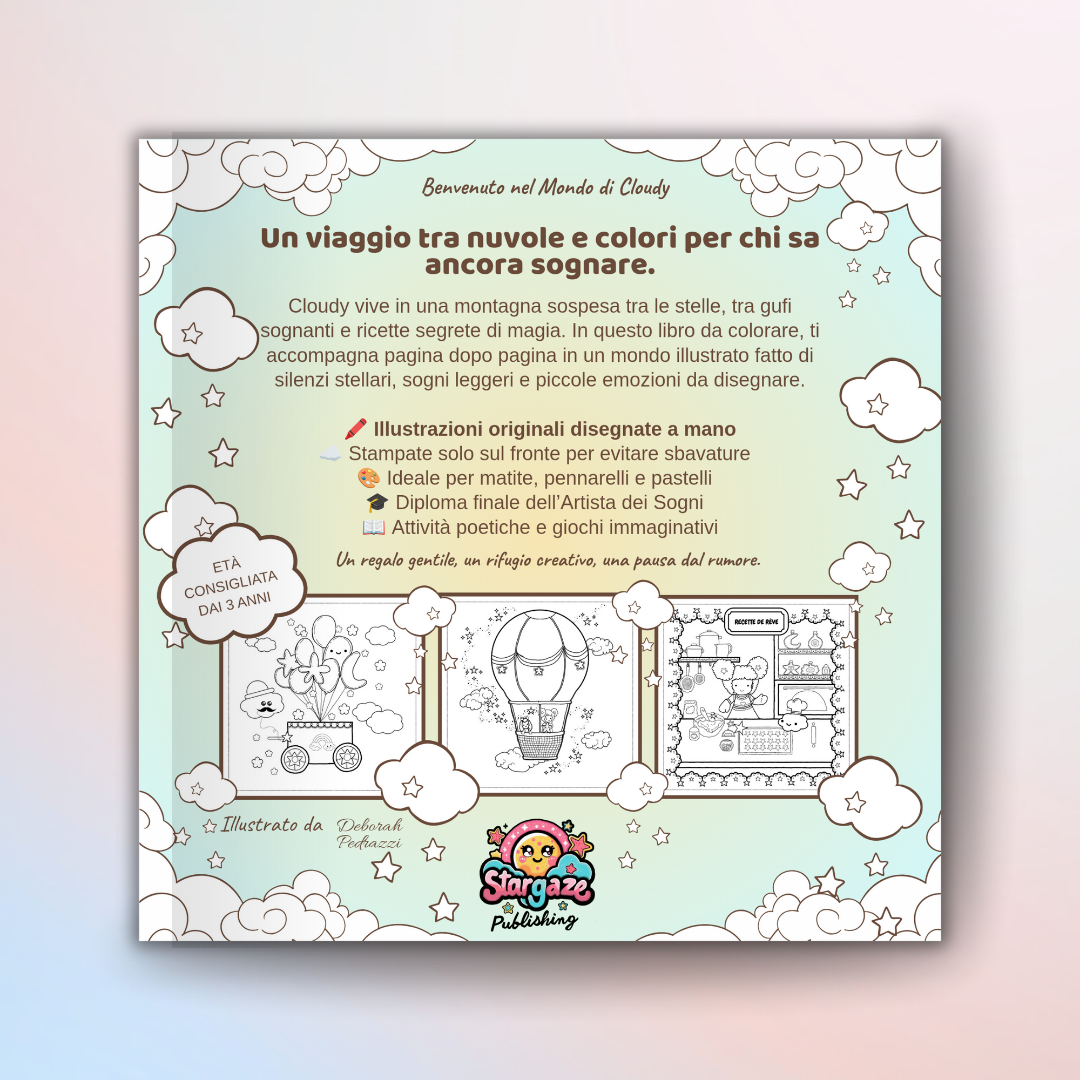 Retro copertina del libro da colorare poetico Cloudy tra le stelle, estetica dreamy e colori pastello