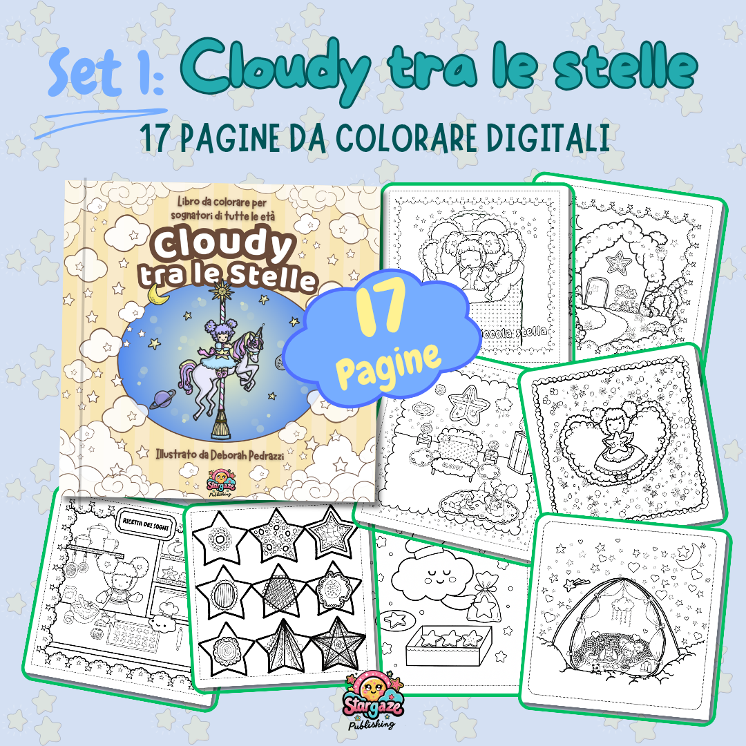 Esempio di 17 tavole da stampare e colorare file PDF - Cloudy tra le stelle - Stargaze Publishing 