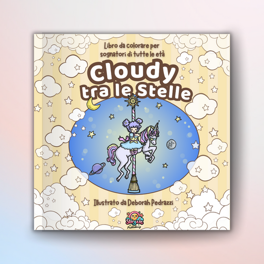 Copertina del libro “Cloudy tra le Stelle” con design dreamy aesthetic e colori pastello